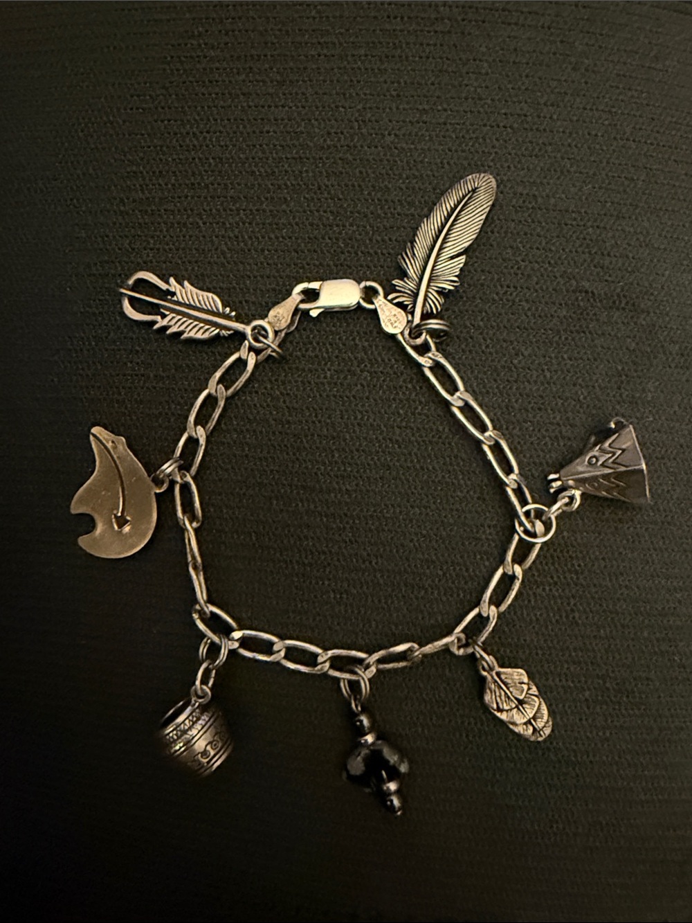 Sterling Silver Tone Feather Charm Bracelet - Black Accents